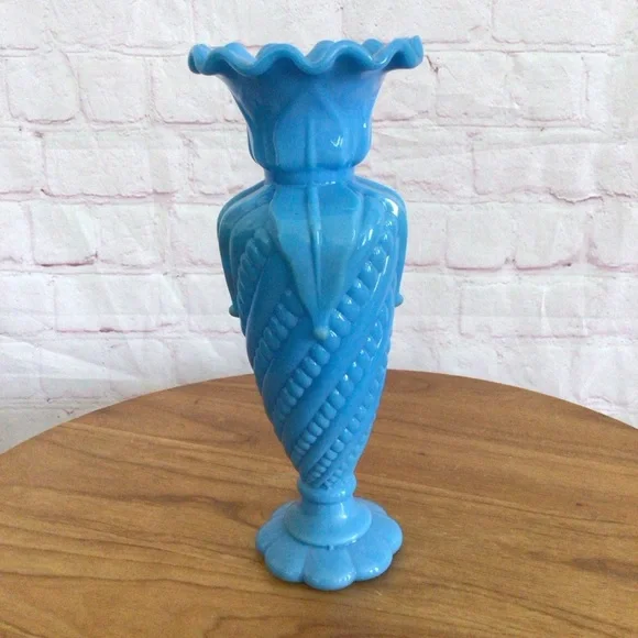 Victorian Blue Opaline Glass Ruffled Footed Vase - Picture 2 of 8
